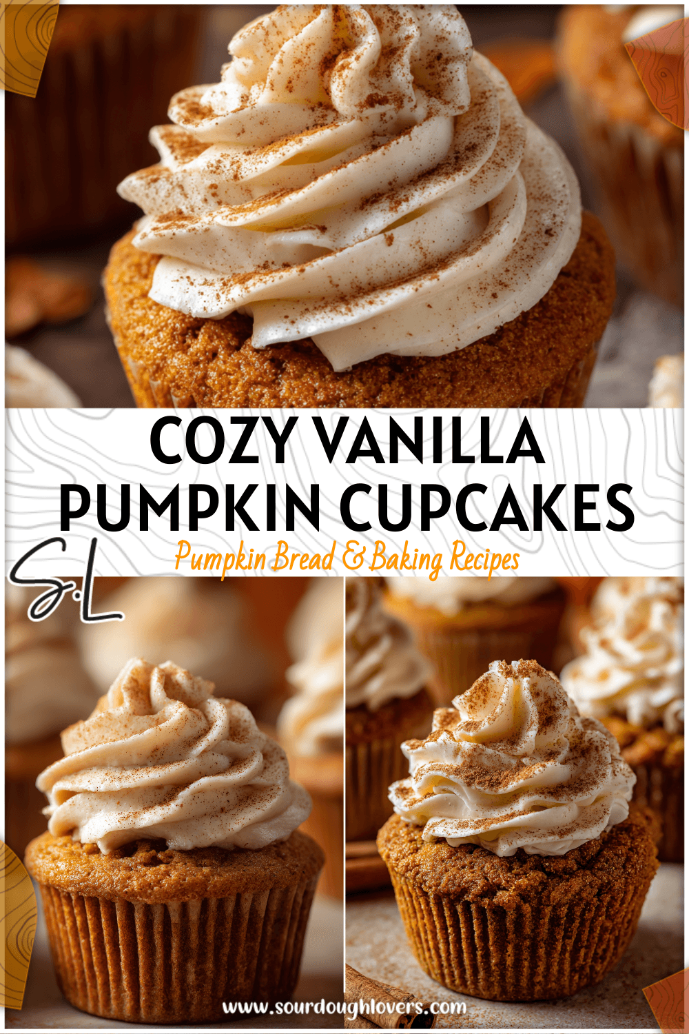 Close-up of Fall Inspired Vanilla Pumpkin Cupcakes dusted with cinnamon and topped with frosting.